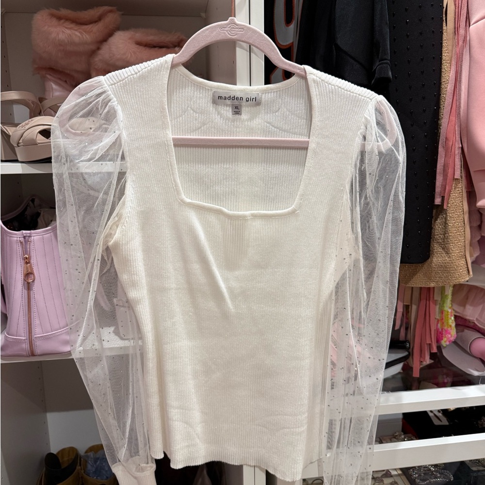 Madden Girl White Square Neck Knit Top with Sheer Glitter Puff Sleeves